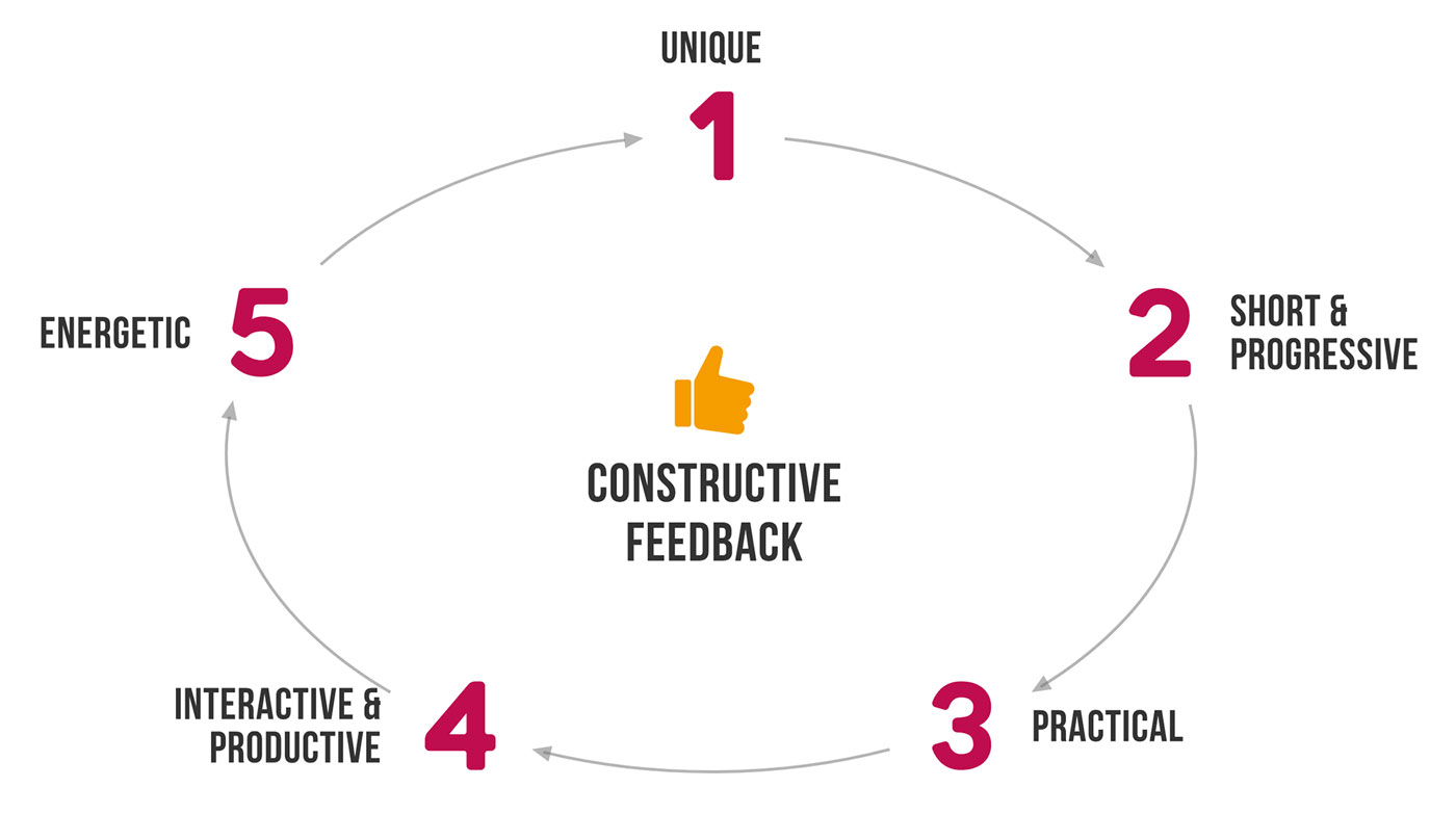 schematic circle in 5 points illustrating the key aspects of constructive feedback system
