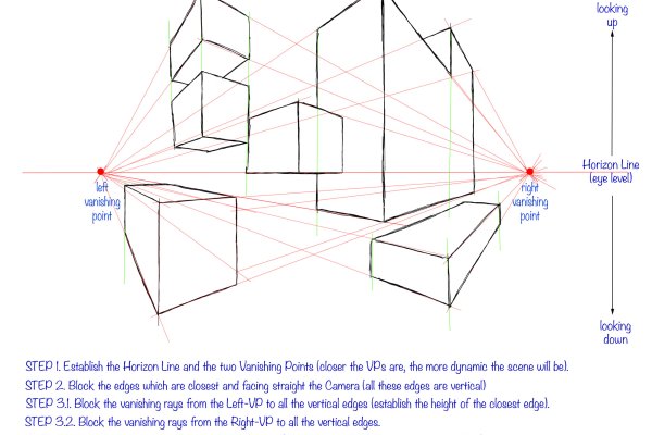 Practical guide in perspective drawing. Part 1 - Types of perspective drawing. article_017_img5-exercise2-6 exercise 2, Two Vanishing Points Perspective, step 4.2/5