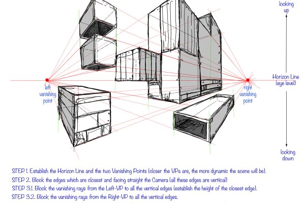 Practical guide in perspective drawing. Part 1 - Types of perspective drawing. article_017_img5-exercise2-9 exercise 2, Two Vanishing Points Perspective, step 5.2/5
