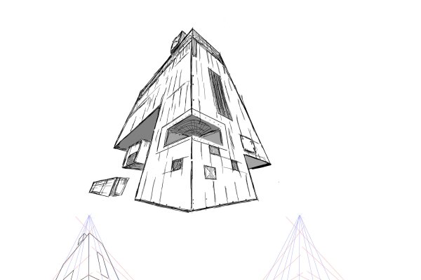 Practical guide in perspective drawing. Part 1 - Types of perspective drawing. article_017_img6-exercise3-0 exercise 3, Three Vanishing Points Perspective, final result