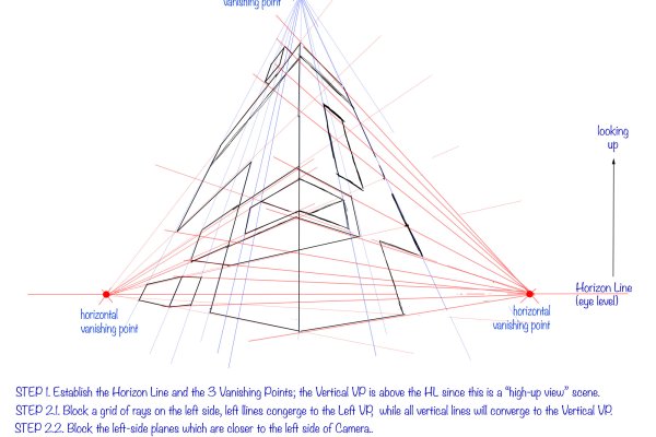 Practical guide in perspective drawing. Part 1 - Types of perspective drawing. article_017_img6-exercise3-5 exercise 3, Three Vanishing Points Perspective, step 3/5