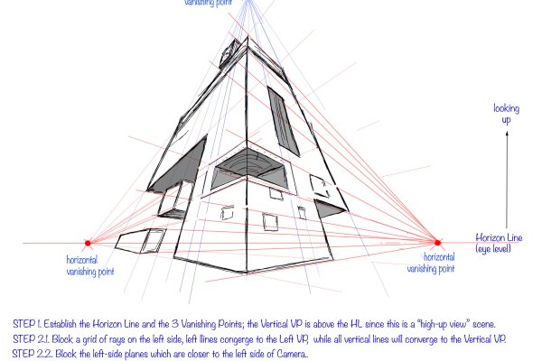 Practical guide in perspective drawing. Part 1 - Types of perspective drawing. article_017_img6-exercise3-6 exercise 3, Three Vanishing Points Perspective, step 4/5