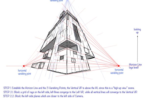Practical guide in perspective drawing. Part 1 - Types of perspective drawing. article_017_img6-exercise3-7 exercise 3, Three Vanishing Points Perspective, step 5/5