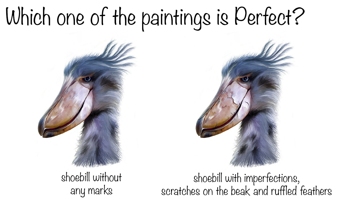 Two versions of the same painting, with and without imperfections