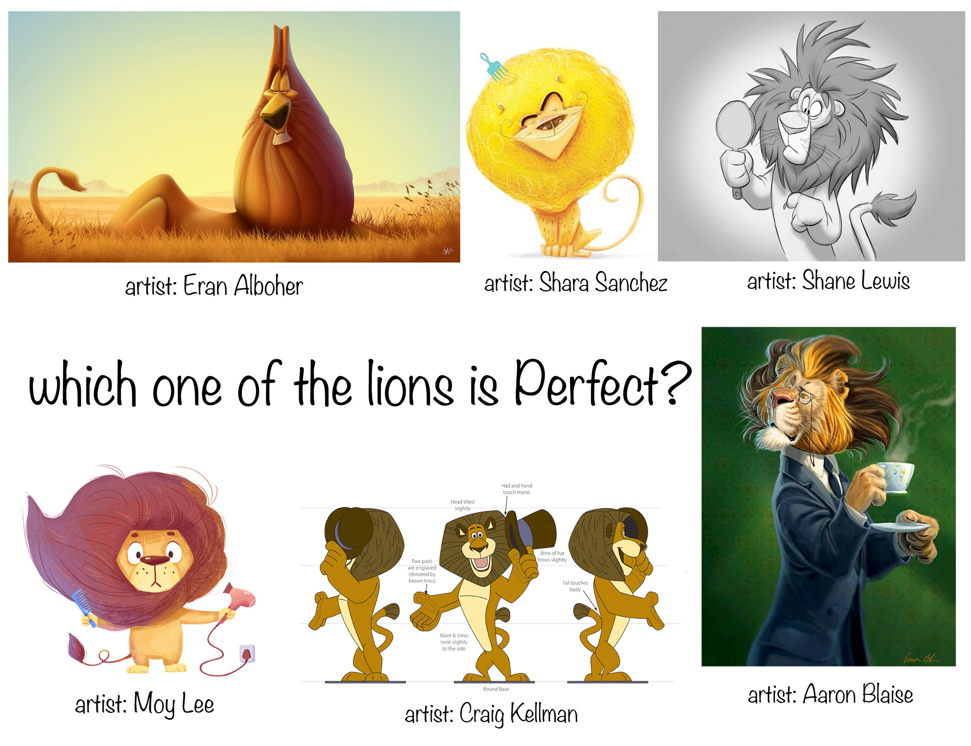 Showing 6 different styles of a lion character ... Which one of the 6 lions is Perfect?