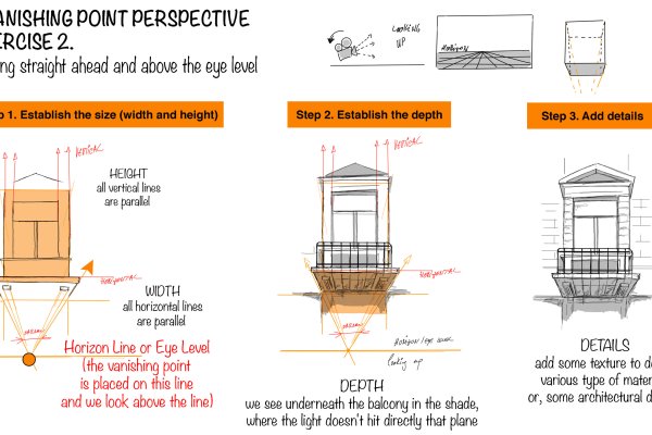 Practical guide in perspective drawing. Part 2 - One point perspective drawing. article_020 img7_exercise2 large one point perspective exercise, looking above the eye level