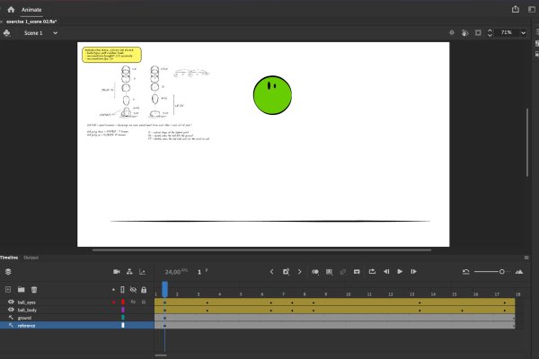 a print screen image from Adobe Animate interface for exercise 1/3, showing the timeline