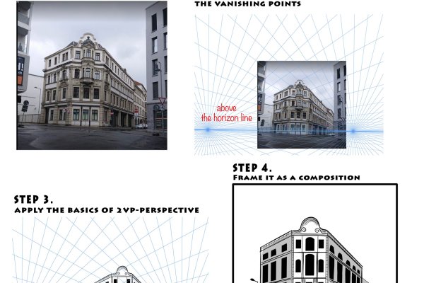 two point perspective drawing, photo reference study through simple sketching
